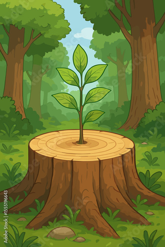 Cartoon forest regeneration concept. Young green sapling sprouting from cut tree stump in woodland. Hope, renewal, reforestation, ecology, environmental conservation. Vector illustration.