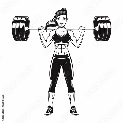 Muscular Sportswoman Lifts Heavy Barbell Stock Illustration isolated on white background.