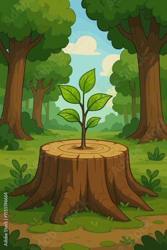 Cartoon forest regeneration concept with young green sapling sprouting from old tree stump, symbolizing renewal, growth, sustainability, and hope in nature. Vector illustration for environment themes.