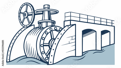 Stylized Hydroelectric Dam Illustration with Turbine and Water.