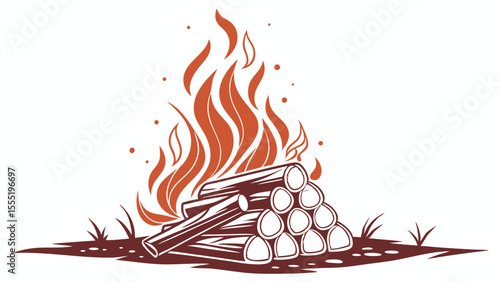 Stylized Illustration of a Campfire with Burning Flames and Logs.