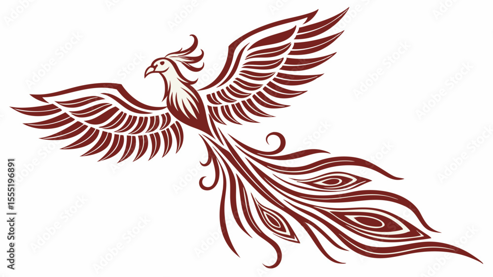 Obraz premium Stylized Phoenix Illustration with Flowing Tail Feathers and Wings.