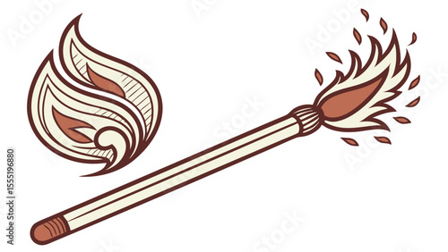 Stylized Matchstick with Flame and Separate Flame Design Element.
