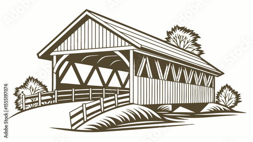 Vintage Illustration of a Covered Wooden Bridge.