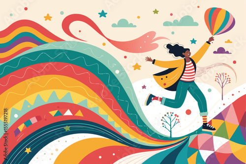 abstract background with rainbow, Colorful abstract shapes with vibrant, playful, and whimsical design — dynamic composition of geometric patterns with bold colors, movement, and fluid, imaginative ex