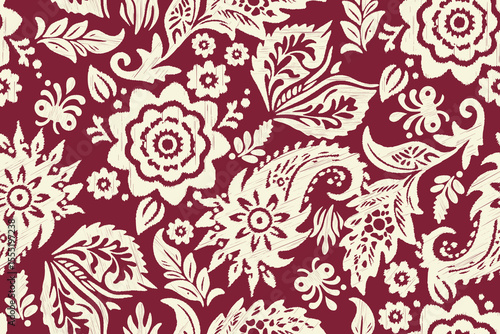 Patchwork Ikat paisley embroidery on the fabric in Indonesia, India, and Asian countries. Geometric, ethnic, oriental, seamless pattern.Aztec style. illustration. design for texture, fabric, clothing
