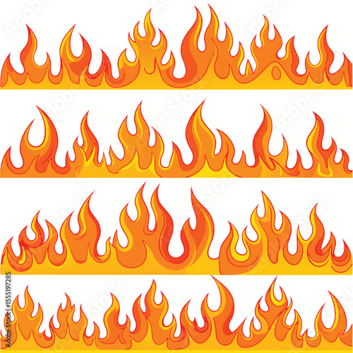 Four Rows Orange Yellow Red Cartoon Flames Fire Graphic Design Elements vector