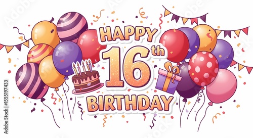 Colorful Happy 16th Birthday Celebration with Balloons Cake and Gift