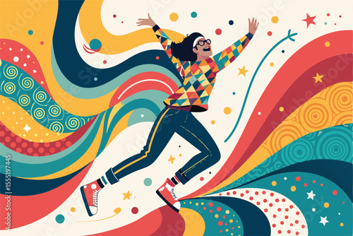 dancing girl vector illustration, Colorful abstract shapes with vibrant, playful, and whimsical design — dynamic composition of geometric patterns with bold colors, movement, and fluid, imaginative ex