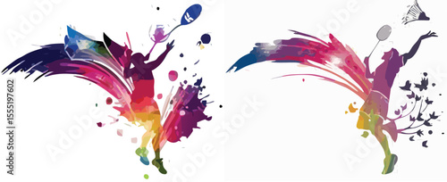 Colorful Abstract Badminton Players Dynamic Action Sports Watercolor Style Illustration