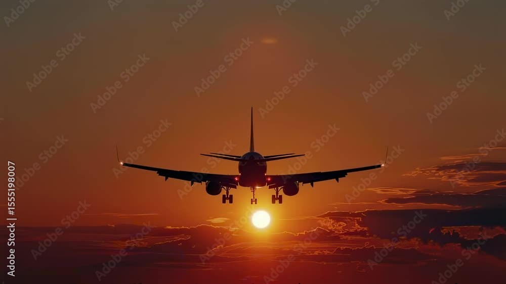 Airplane landing at sunset, silhouetted against the sun Airplane landing at sunset, silhouetted against the sun