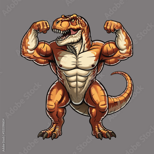 Strong and muscular tyrannosaurus rex flexing its huge arms and showing off abs
