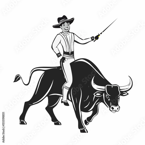 Matador With Bull Vector. Black and white Bull rider Vector Images