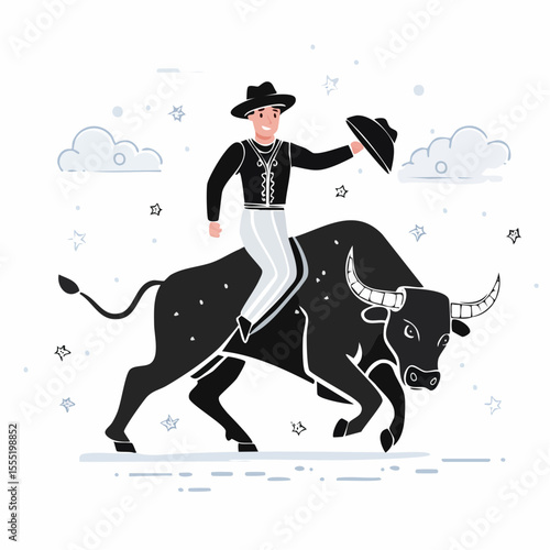 Matador With Bull Vector. Black and white Bull rider Vector Images