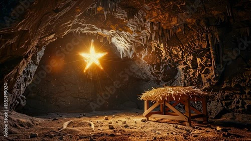 Nativity scene in a cave with a bright star and manger, warm lighting
