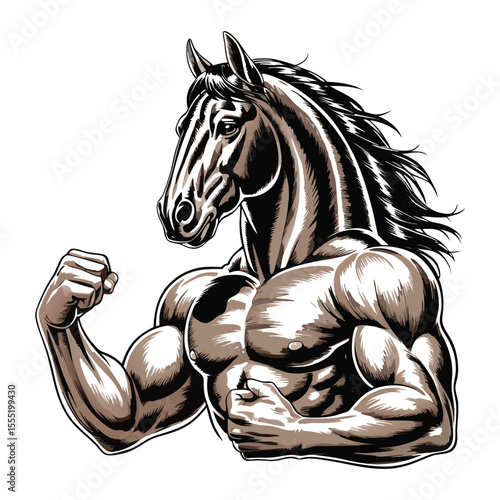 Strong muscular horse animal posing with flexed biceps illustrating strength and power