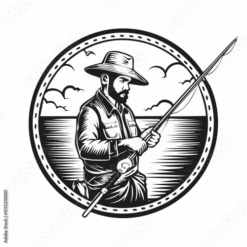 Fishing Logo Design Vintage Circle Fisherman Vector Image isolated on white