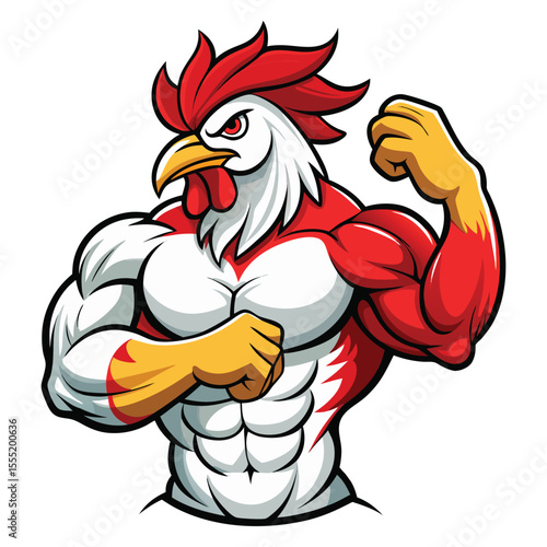Strong rooster mascot biceps flexing vector illustration for gym fitness or sports branding