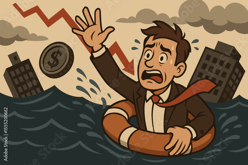 Desperate businessman struggling to keep his company afloat amidst financial crisis and market instability. Vector cartoon illustration of economic downturn and business failure