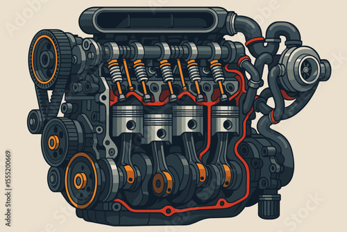 Car engine cross-section vector illustration. High-performance turbo motor cutaway. Automotive mechanic concept. Internal combustion engine diagram showing pistons and crankshaft.