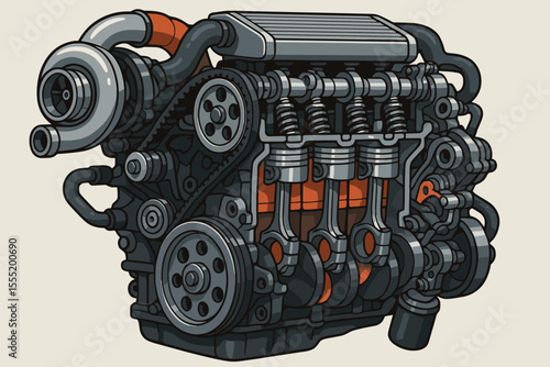 Car engine cross-section vector illustration. High-performance internal combustion motor with turbocharger cutaway. Automotive mechanic graphic showing pistons and crankshaft.