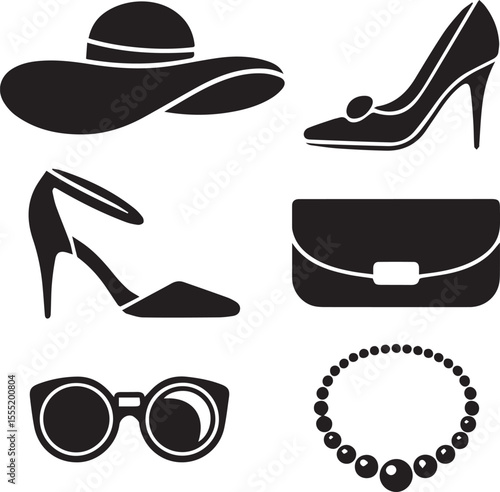 A collection of black silhouette illustrations showcasing various women's fashion accessories.