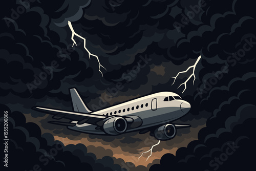 Commercial airplane navigating through intense storm with dark clouds and lightning, dramatic flight scene, cartoon vector illustration for travel and weather challenges concept.