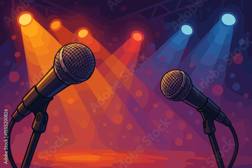 Dynamic microphones on brightly lit concert stage with vibrant atmospheric lighting effects. Vector cartoon illustration of live music event or karaoke night.