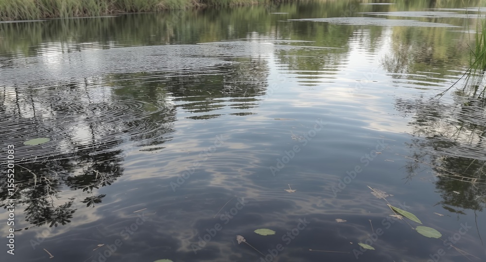 Calm Water Reflections with Ripples and Floating Leaves Calm Water Reflections with Ripples and Floating Leaves