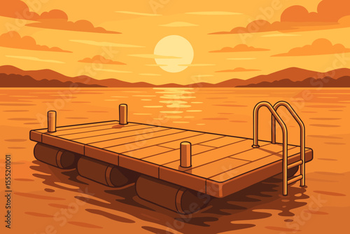 Floating pontoon dock on a calm lake at sunset. Summer vacation landscape with a swimming platform on the water during golden hour. Serene nature background vector illustration.