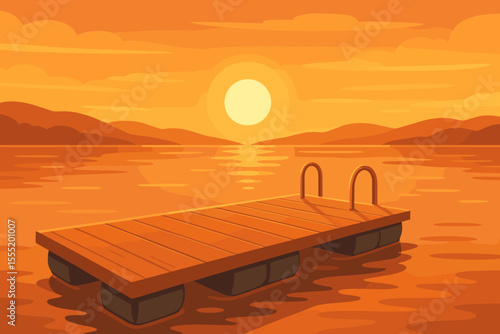 Golden hour sunset landscape with a floating pontoon dock on calm water. Serene lakeside view with warm orange sky. Peaceful natural scene vector cartoon illustration.