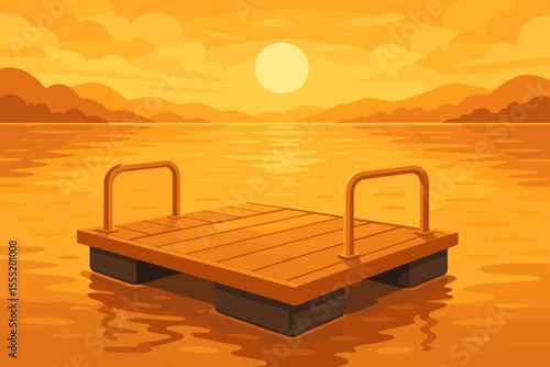 Floating pontoon dock on a calm lake at sunset. Peaceful golden hour scenery with mountains. Summer vacation and relaxation concept. Tranquil nature landscape vector illustration.
