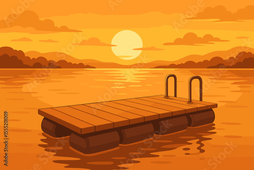 Peaceful floating pontoon dock on a calm lake at sunset. Serene summer landscape with orange sky and sun reflection on the water. Vector cartoon illustration for travel or vacation.