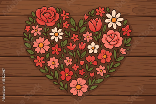 Beautiful floral heart shape on rustic wooden surface, symbolizing love, romance, affection, and passion. Vector cartoon illustration for design.