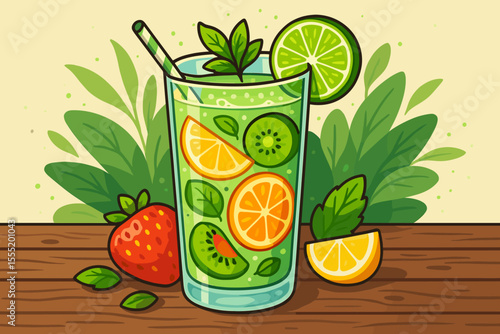 Fresh mixed fruit detox drink in glass. Green smoothie with orange, kiwi, lime, and mint. Healthy lifestyle concept for diet and wellness. Cartoon vector illustration for menu or recipe.