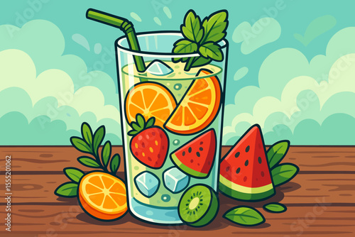 Refreshing summer fruit detox water illustration. Glass of cold lemonade with orange, strawberry, watermelon, kiwi, and mint. Healthy lifestyle beverage on a wooden table. Vector cartoon.