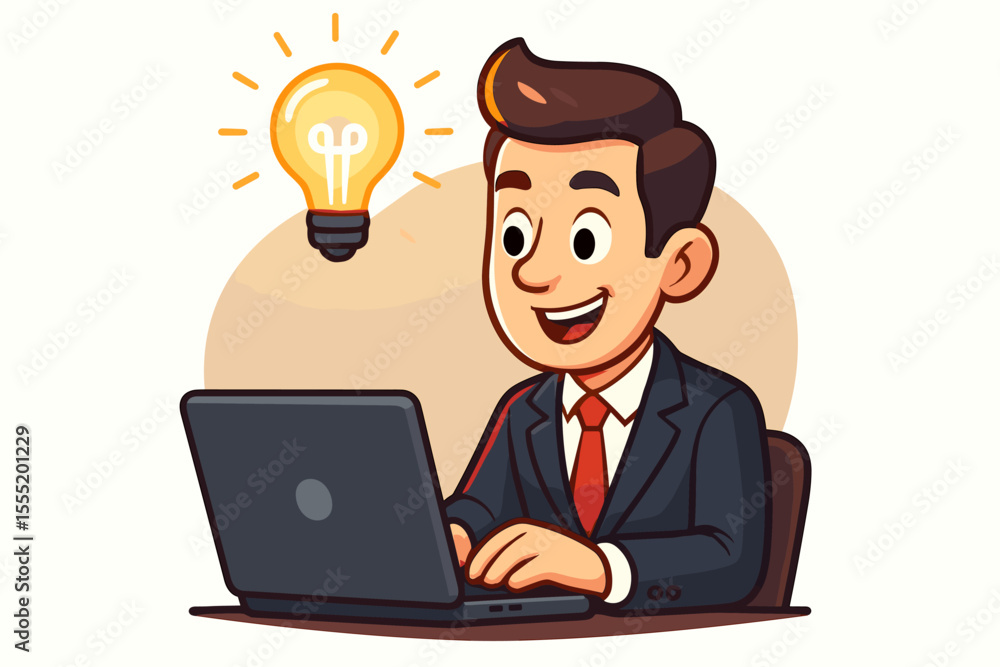 Innovative businessman working on laptop with glowing light bulb idea concept, creative office worker, business success, startup inspiration, vector cartoon illustration Innovative businessman working on laptop with glowing light bulb idea concept, creative office worker, business success, startup inspiration, vector cartoon illustration