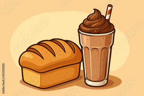 Freshly baked white bread loaf and creamy chocolate milkshake vector cartoon illustration. Sweet breakfast or snack concept for bakery, cafe menu. Dessert drink with copy space.