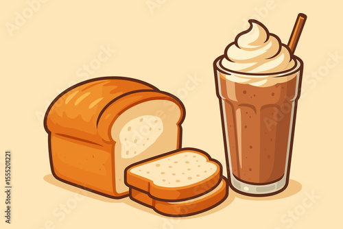 Freshly baked white bread loaf and creamy chocolate milkshake vector cartoon illustration. Delicious breakfast food and sweet drink concept. Bakery menu or cafe design element.