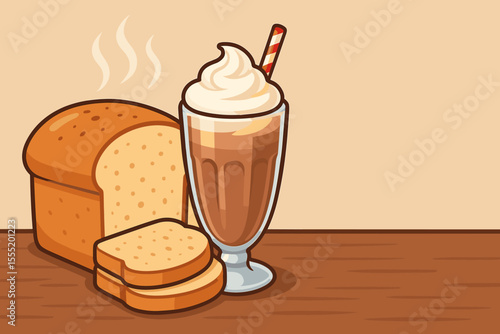 Freshly Baked White Bread Loaf with Sliced Bread and Creamy Chocolate Milkshake with Whipped Cream and Straw, Delicious Breakfast or Snack Vector Cartoon Illustration with Space for Text