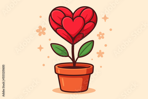 Heart Shaped Flower in Pot with Red Petals, Cute Cartoon Valentine Plant, Romantic Love Symbol, Decorative Botanical Illustration, Festive Floral Design for Holiday, Greeting Card, Vector Art
