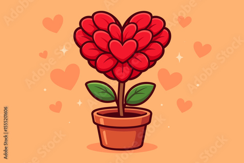 Heart Shaped Flower Pot with Red Petals, Cartoon Vector Illustration for Valentine's Day, Romantic Love Plant, Cute Decorative Potted Blossom, Festive Holiday Design, No Text