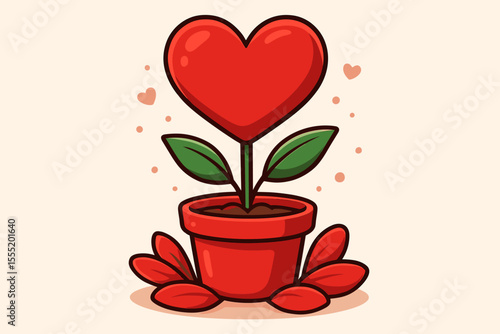 Romantic heart-shaped plant in red pot with falling petals. Cute cartoon vector illustration. Love, Valentine's Day, romance, and growing relationship concept. Sweet, decorative graphic design.