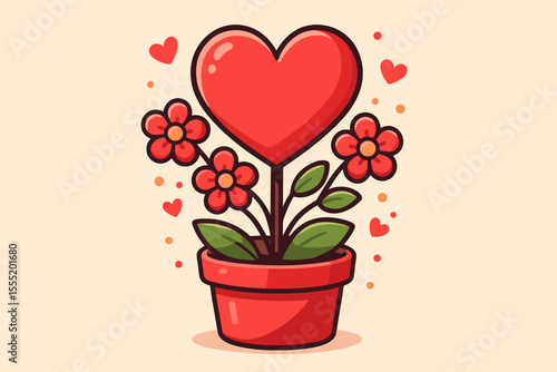 Vector illustration of a love plant with a big red heart flower in a pot. Cute cartoon design for Valentine's Day. Symbol of growing love, romance, affection, and relationship.
