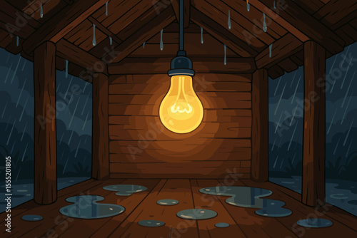 Cozy rustic wooden hut interior with glowing light bulb, rainy night, wet floor, shelter from storm, warm illumination, peaceful atmosphere, cartoon vector illustration, no text, safe haven