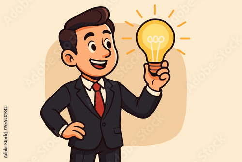 Cartoon businessman in suit holding glowing light bulb, symbolizing creativity, innovation, inspiration, new ideas, business solutions, leadership, motivation, and success. Vector illustration.