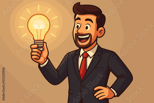 Businessman in suit holding glowing light bulb, symbolizing creativity, innovation, inspiration, new ideas, leadership, problem solving, and business success. Vector cartoon illustration concept