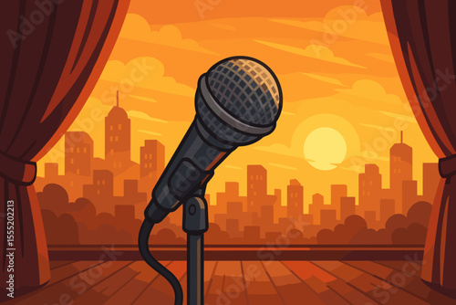 Microphone on Stage at Sunset with City Skyline, Open Curtains, Urban Evening Performance, Stand-Up Comedy, Concert, Live Music Event, Vector Cartoon Illustration, Dramatic Theater Backdrop