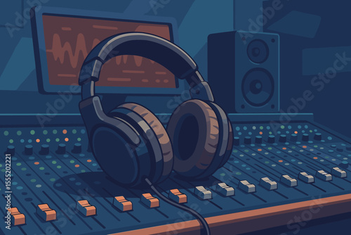 Studio headphones on audio mixing console. Professional recording studio equipment. Sound engineering, music production, audio editing, mixing, mastering. Vector illustration, modern workspace concept