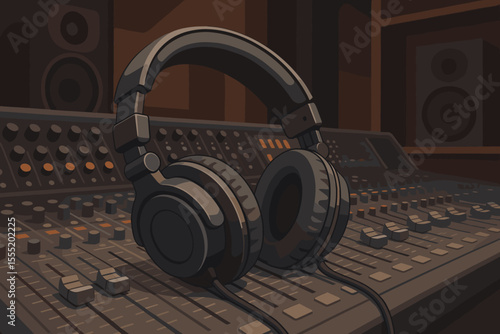 Studio headphones on mixing console. Professional audio equipment in recording studio. Sound engineering workspace. Music production, DJ gear, control panel, speakers. Vector cartoon illustration